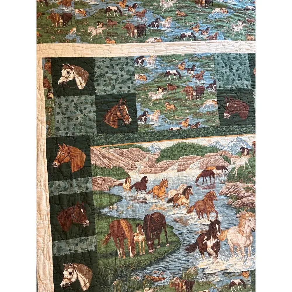 Handmade Horse patchwork Large Quilt stitched embroidered cottage blanket 55x79”